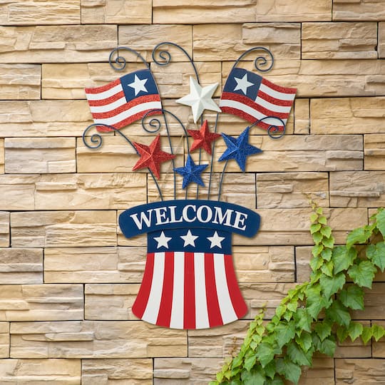 Glitzhome® 30.25" Wood & Metal Patriotic Flags Yard Stake